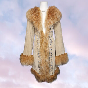 Vtg Y2k Wilsons Suede Embroidered Leather Coat Mongolian Fur Pennylane Sz S